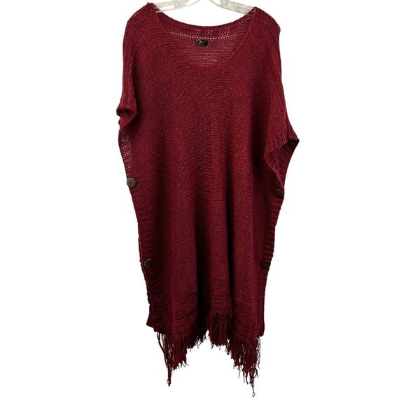 Bayberry Road Women’s Knit Poncho Sweater Half Sleeve Burgundy One Size Fringe - Picture 1 of 7